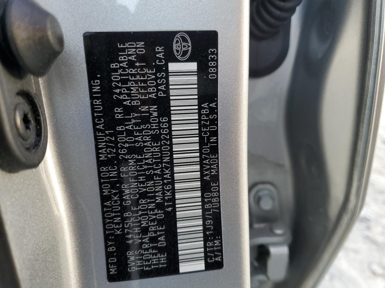 2022 TOYOTA CAMRY XSE VIN:4T1K61AK7NU022666