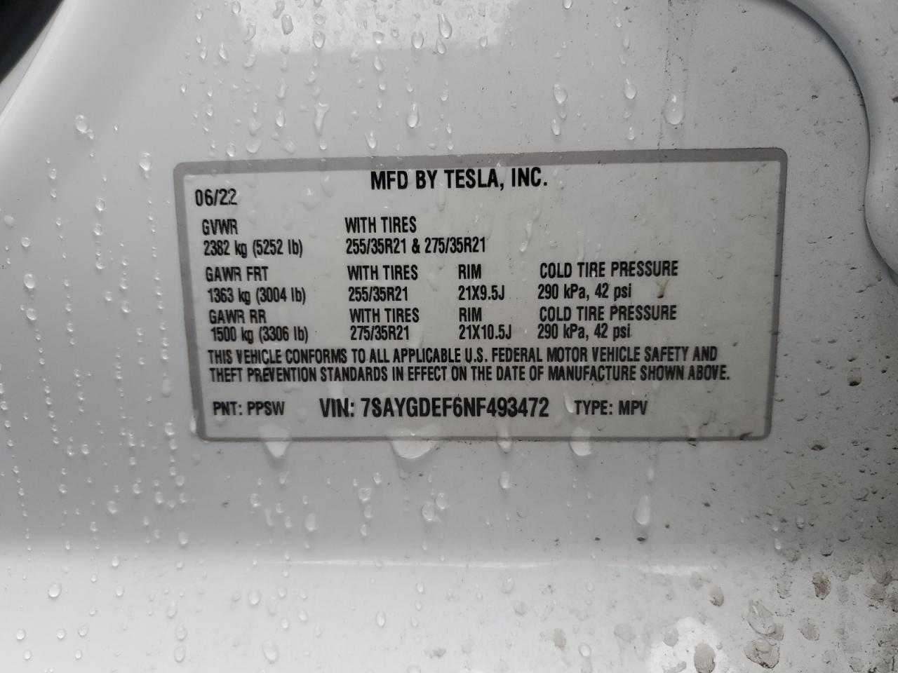 2022 TESLA MODEL Y  VIN:7SAYGDEF6NF493472