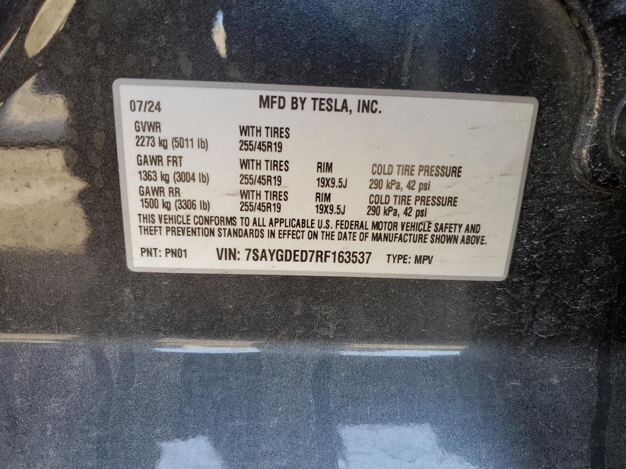 2024 TESLA MODEL Y  VIN:7SAYGDED7RF163537
