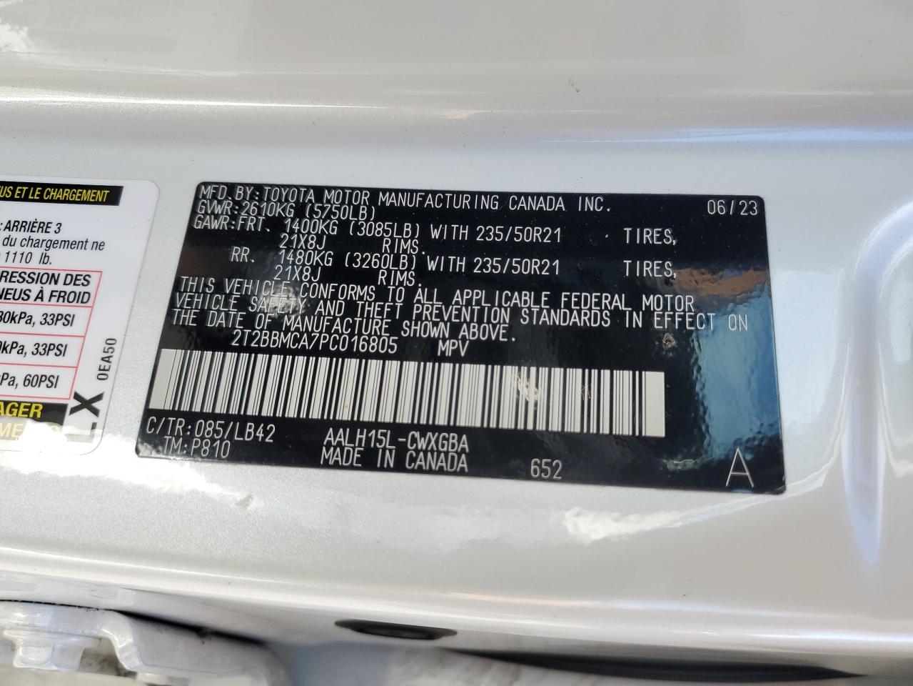 2023 LEXUS RX 350H BASE VIN:2T2BBMCA7PC016805