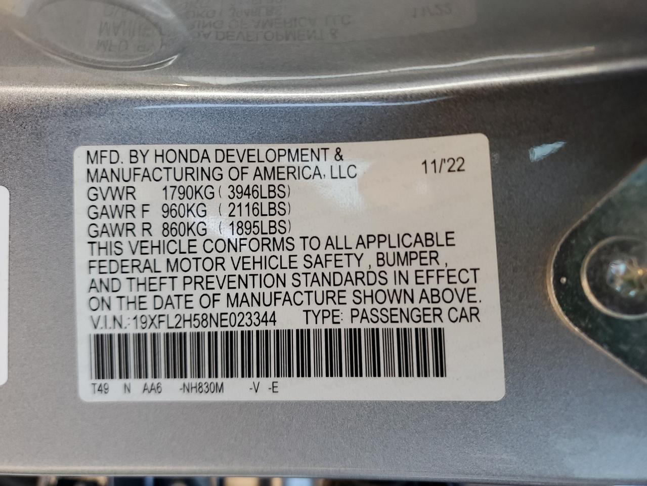 2022 HONDA CIVIC LX VIN:19XFL2H58NE023344