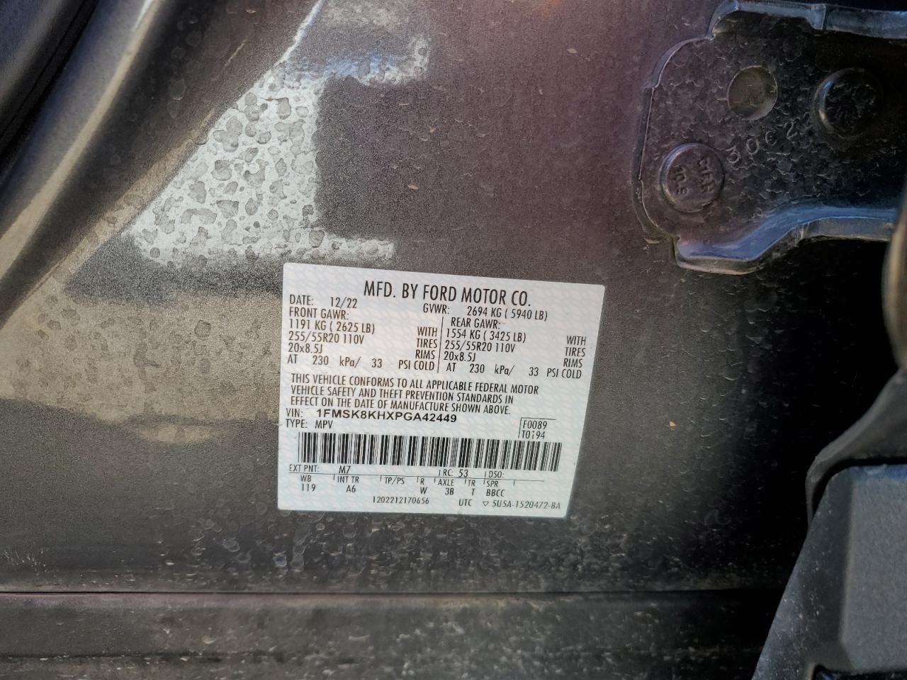 2023 FORD EXPLORER ST-LINE VIN:1FMSK8KHXPGA42449