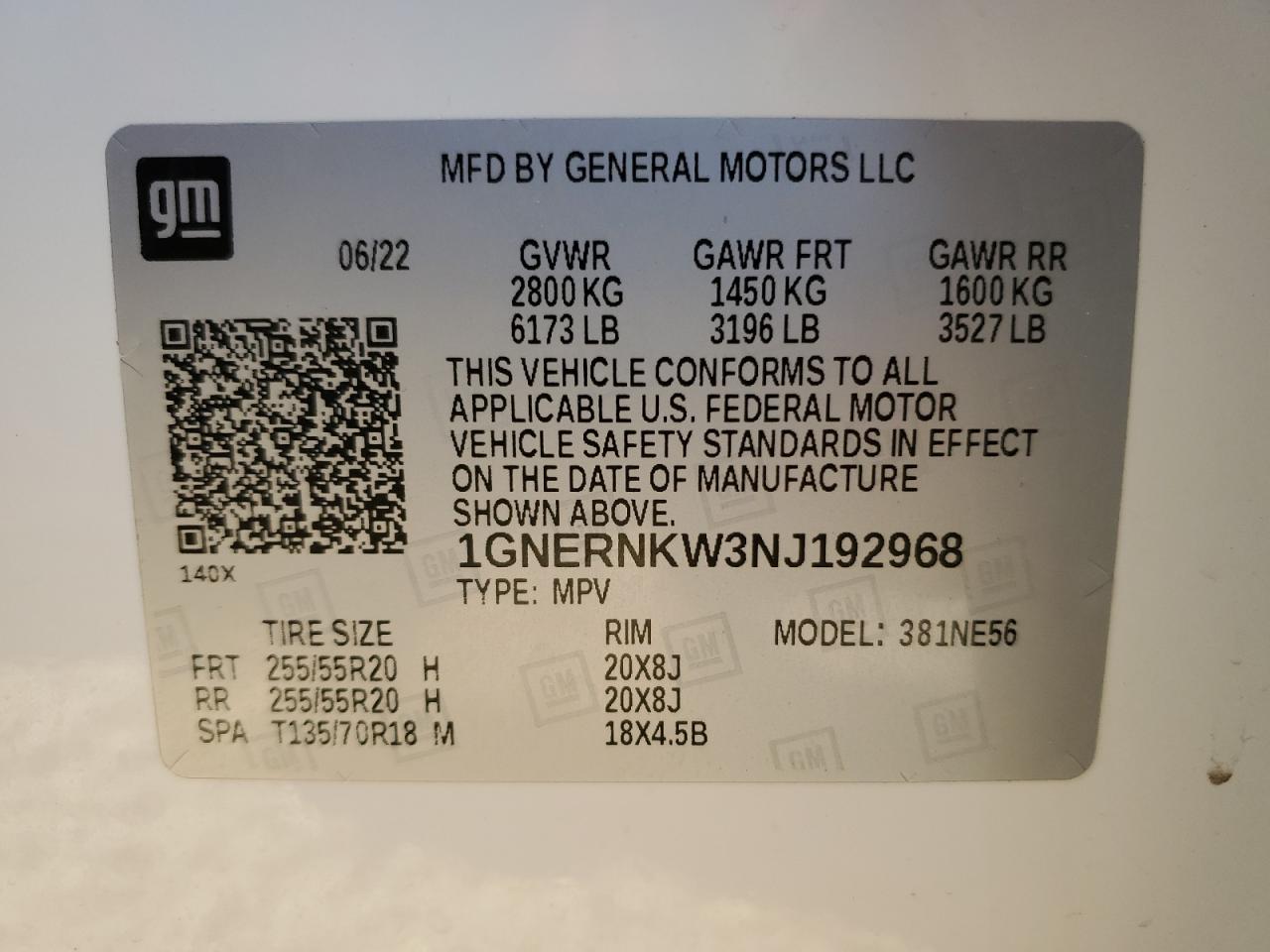 2022 CHEVROLET TRAVERSE HIGH COUNTRY VIN:1GNERNKW3NJ192968