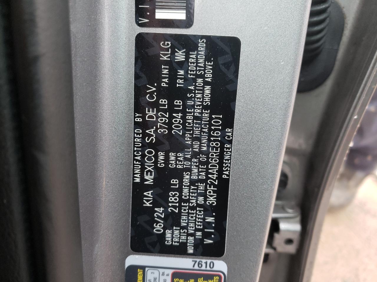 2024 KIA FORTE LX VIN:3KPF24AD6RE816101