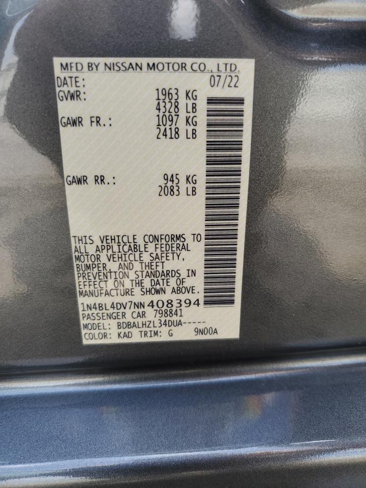 2022 NISSAN ALTIMA SV VIN:1N4BL4DV7NN408394