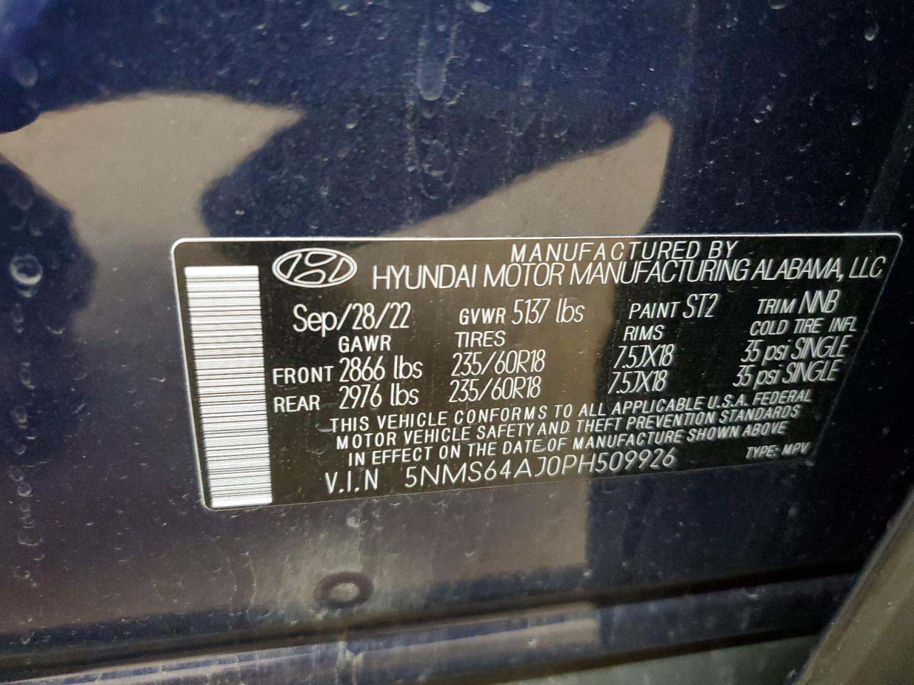 2023 HYUNDAI SANTA FE XRT VIN:5NMS64AJ0PH509926