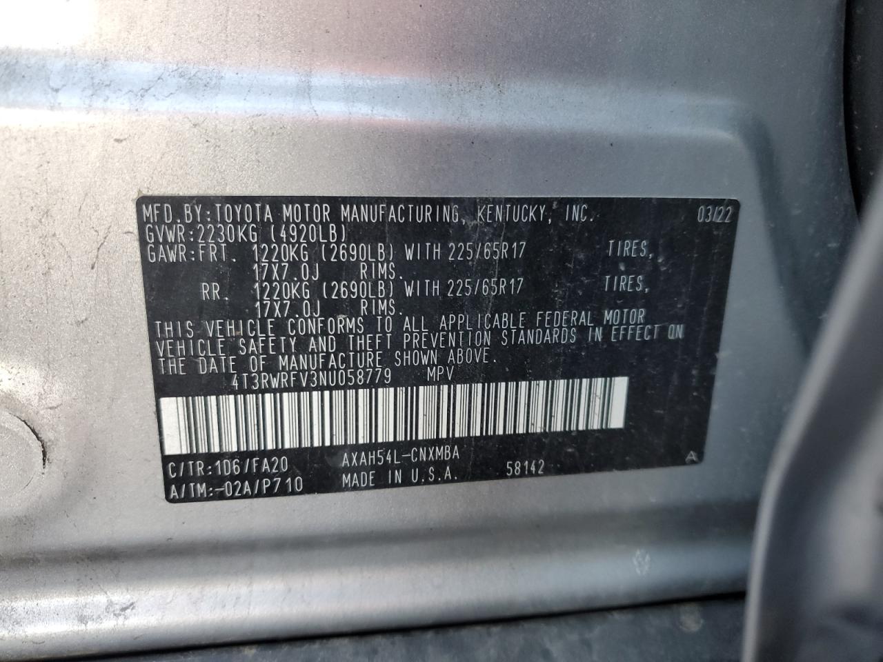 2022 TOYOTA RAV4 XLE VIN:4T3RWRFV3NU058779