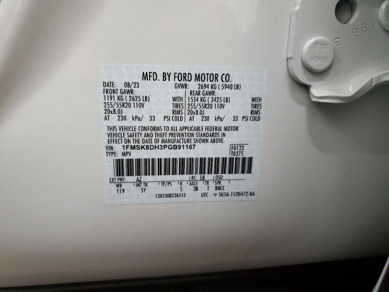 2023 FORD EXPLORER XLT VIN:1FMSK8DH3PGB91167