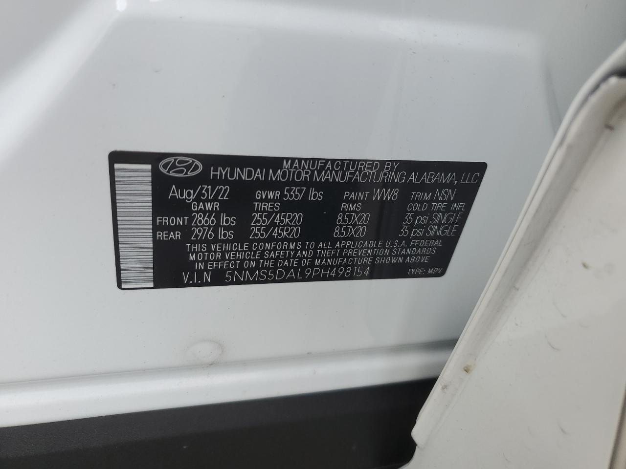 2023 HYUNDAI SANTA FE CALLIGRAPHY VIN:5NMS5DAL9PH498154
