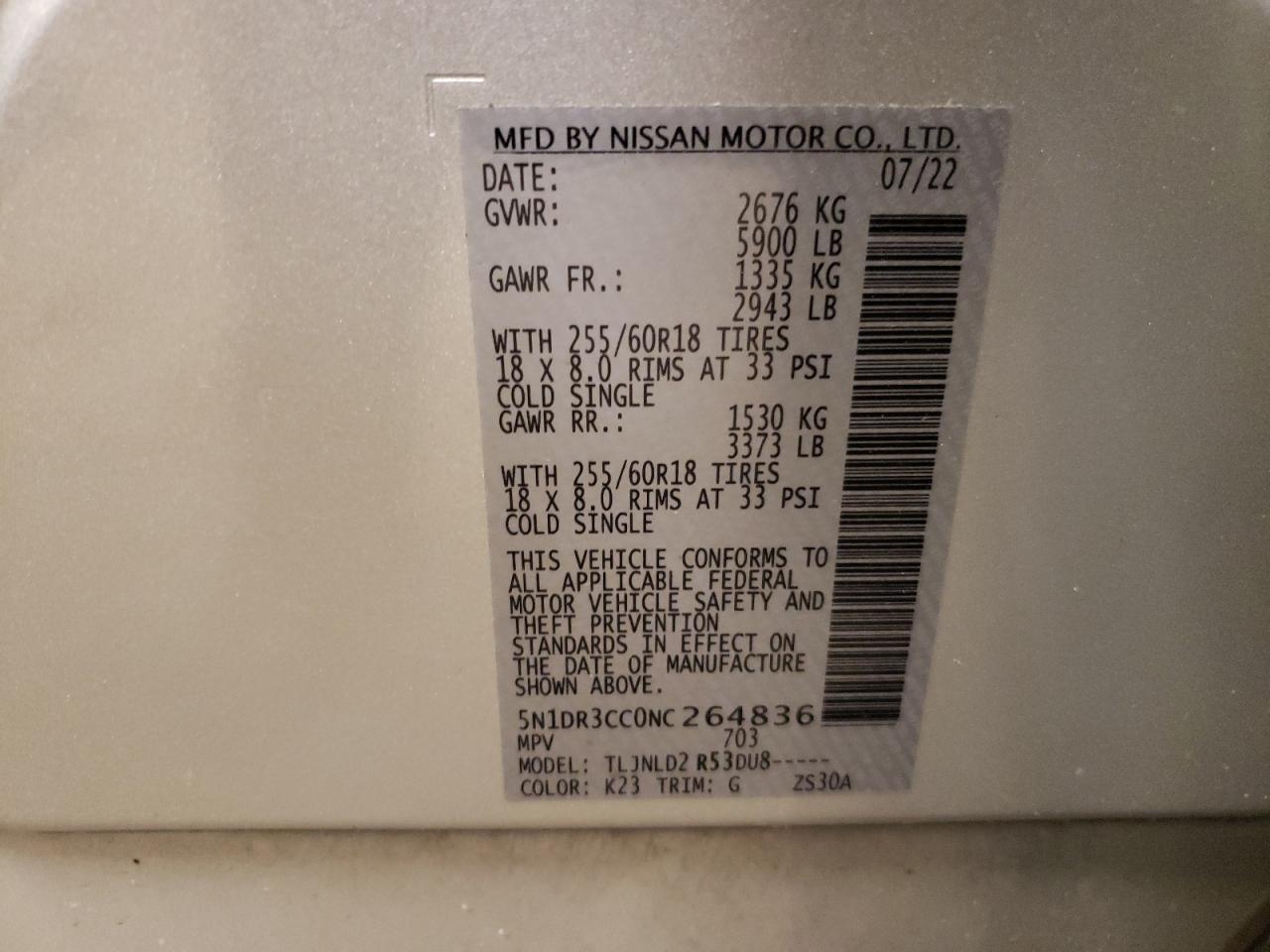 2022 NISSAN PATHFINDER SL VIN:5N1DR3CC0NC264836