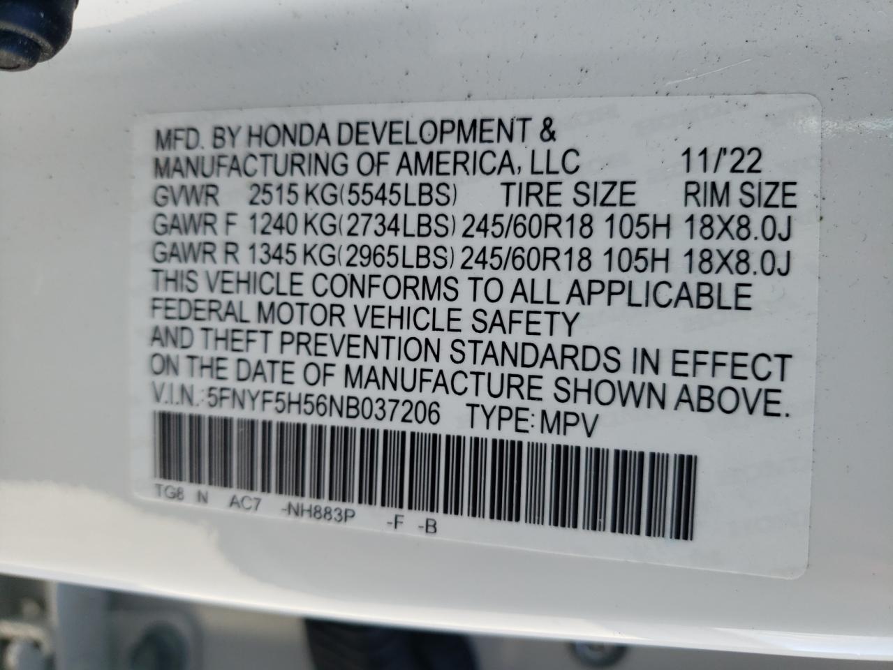 2022 HONDA PILOT EXL VIN:5FNYF5H56NB037206