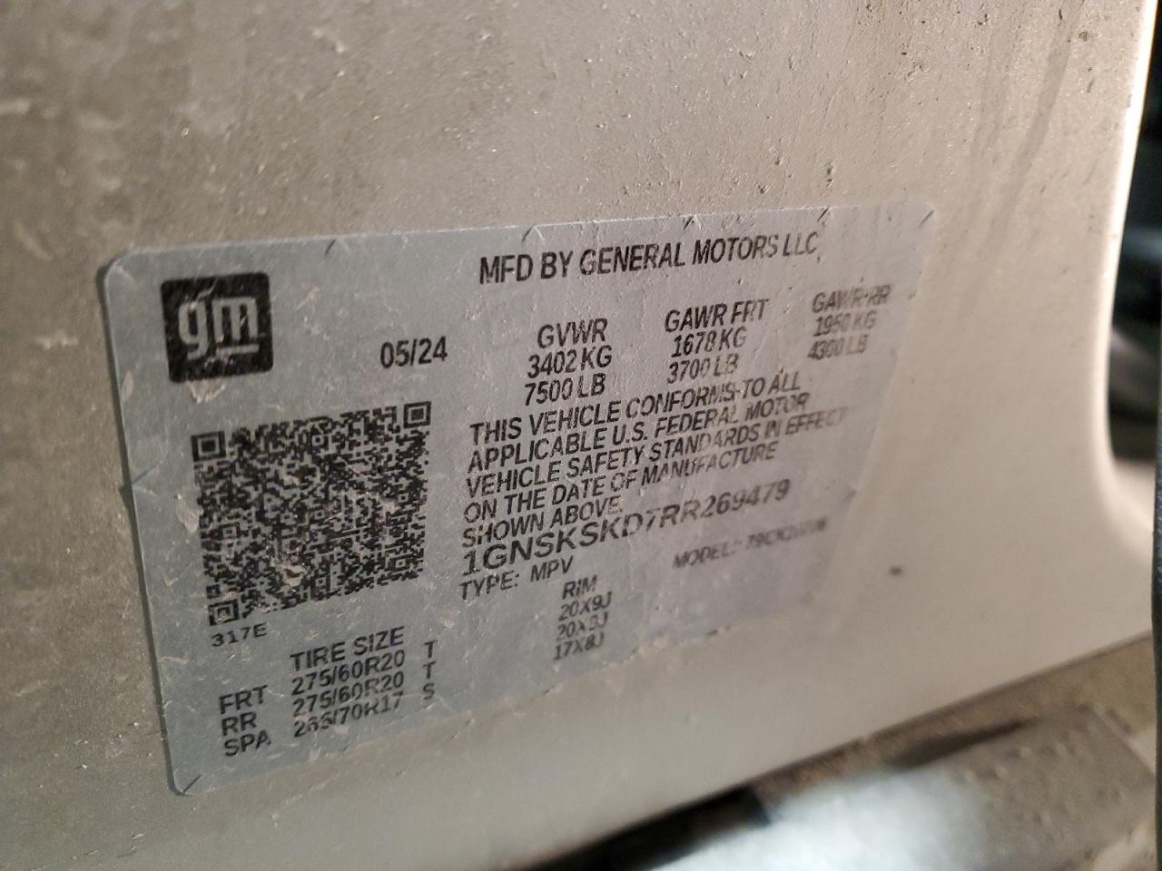 2024 CHEVROLET TAHOE K1500 PREMIER VIN:1GNSKSKD7RR269479