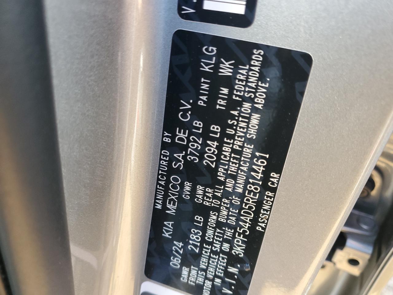 2024 KIA FORTE GT LINE VIN:3KPF54AD5RE814461
