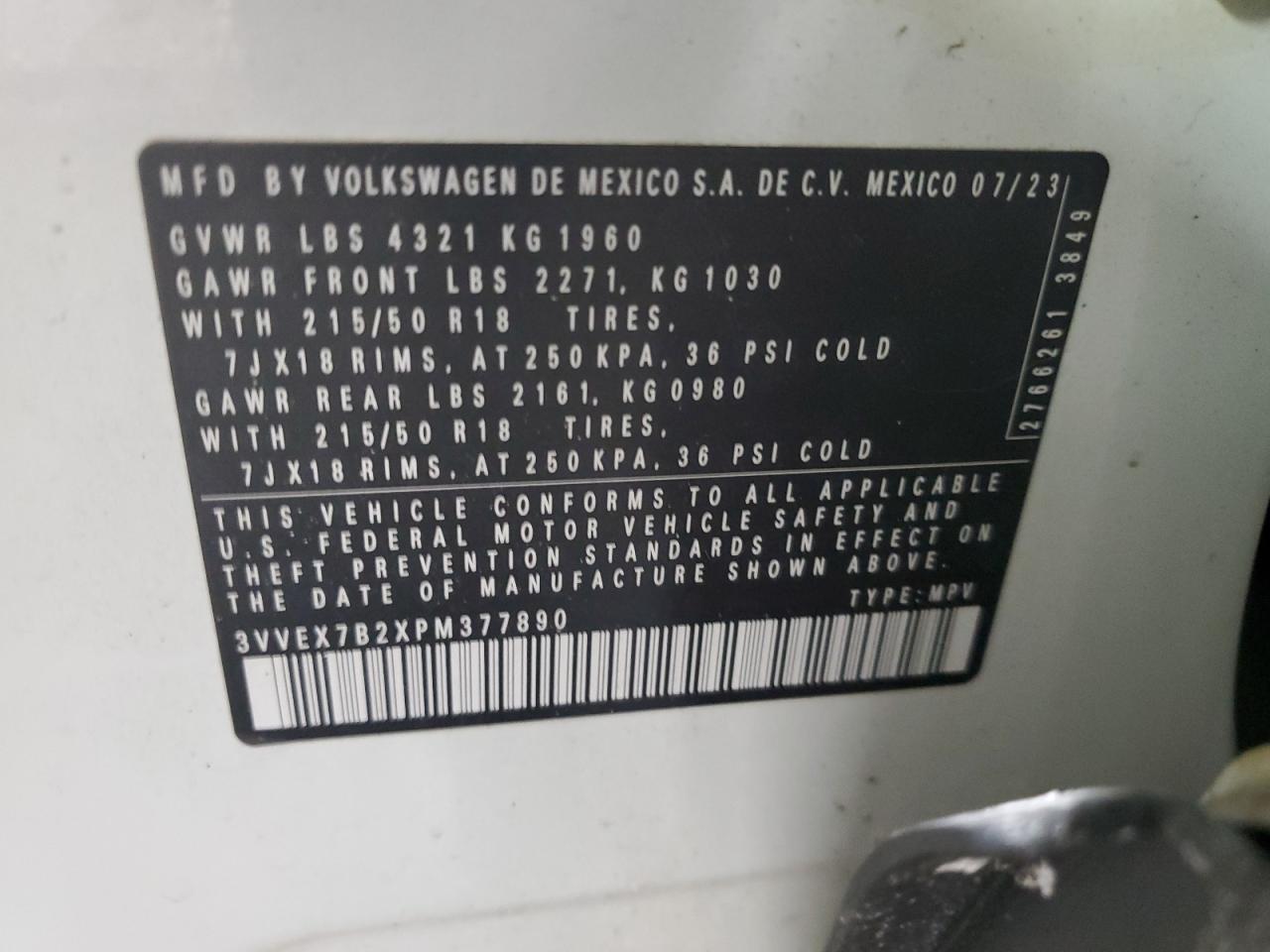 2023 VOLKSWAGEN TAOS SE VIN:3VVEX7B2XPM377890