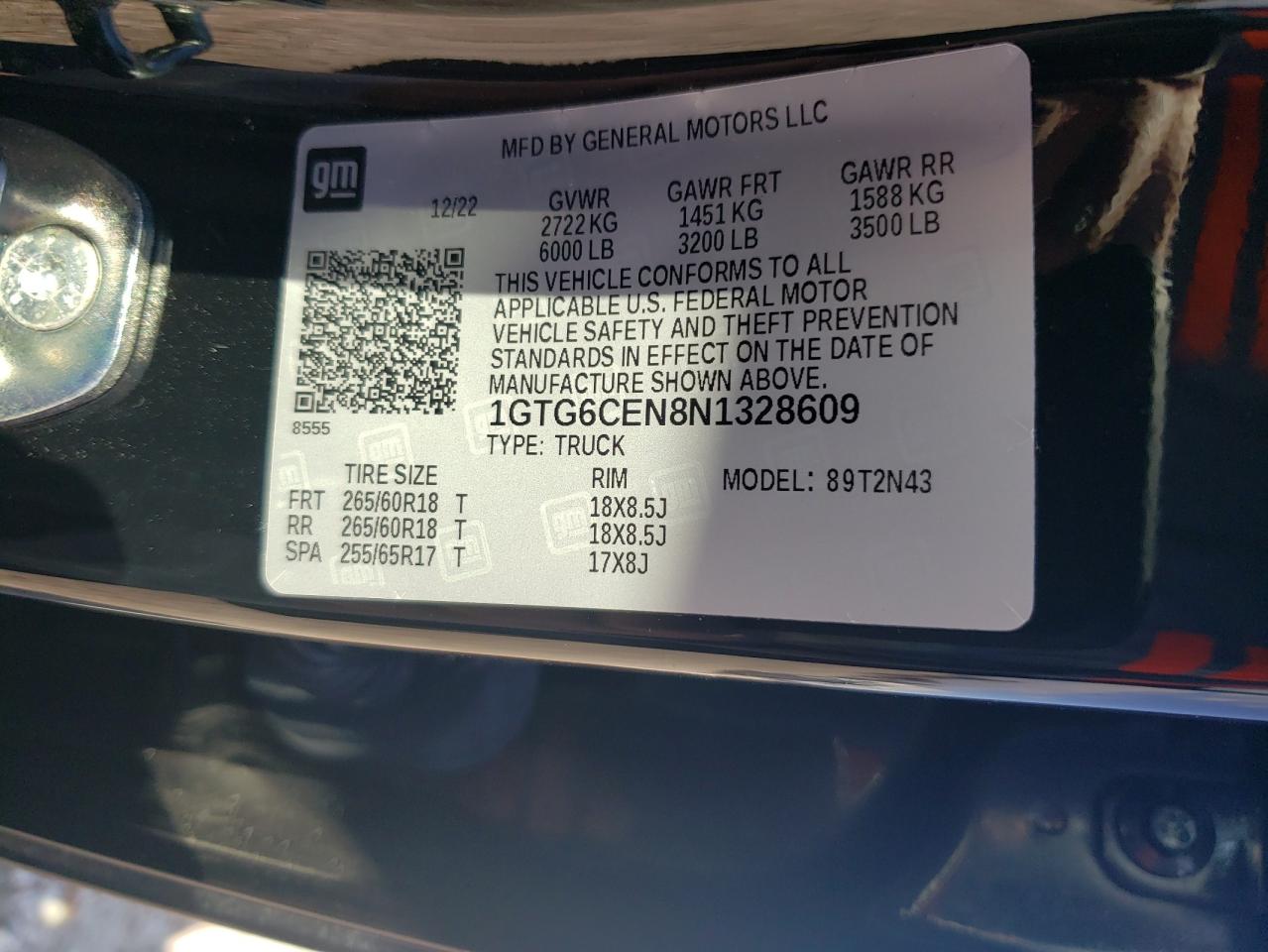 2022 GMC CANYON ELEVATION VIN:1GTG6CEN8N1328609