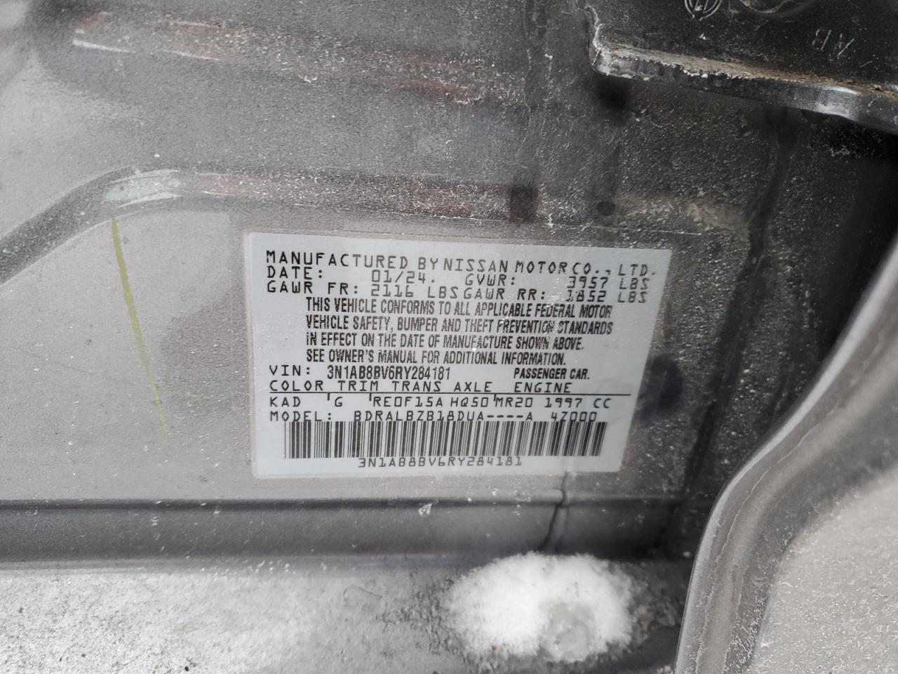 2024 NISSAN SENTRA S VIN:3N1AB8BV6RY284181