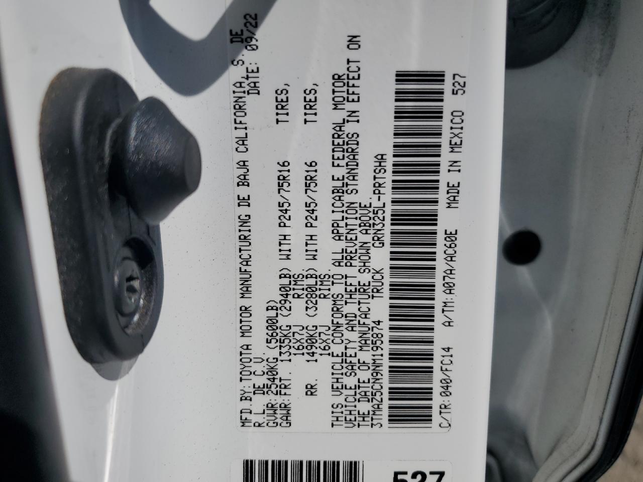 2022 TOYOTA TACOMA DOUBLE CAB VIN:3TMAZ5CN9NM195874