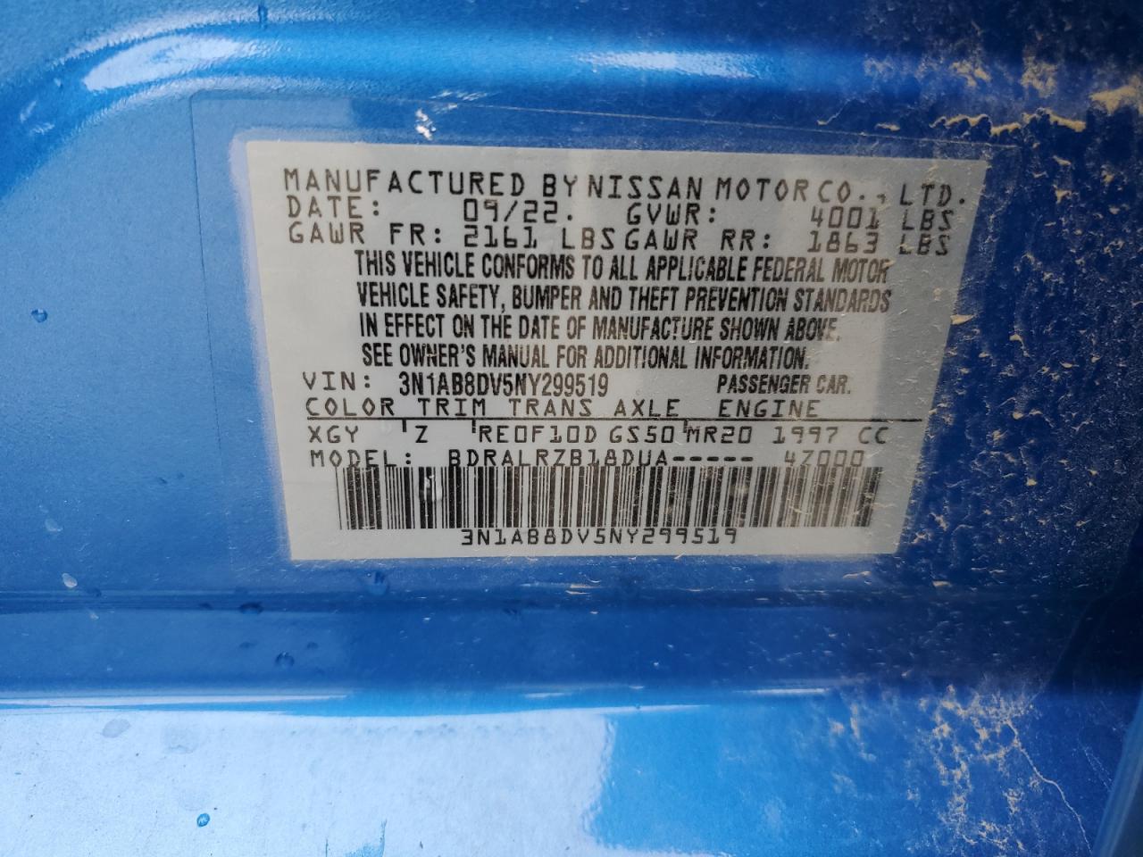 2022 NISSAN SENTRA SR VIN:3N1AB8DV5NY299519