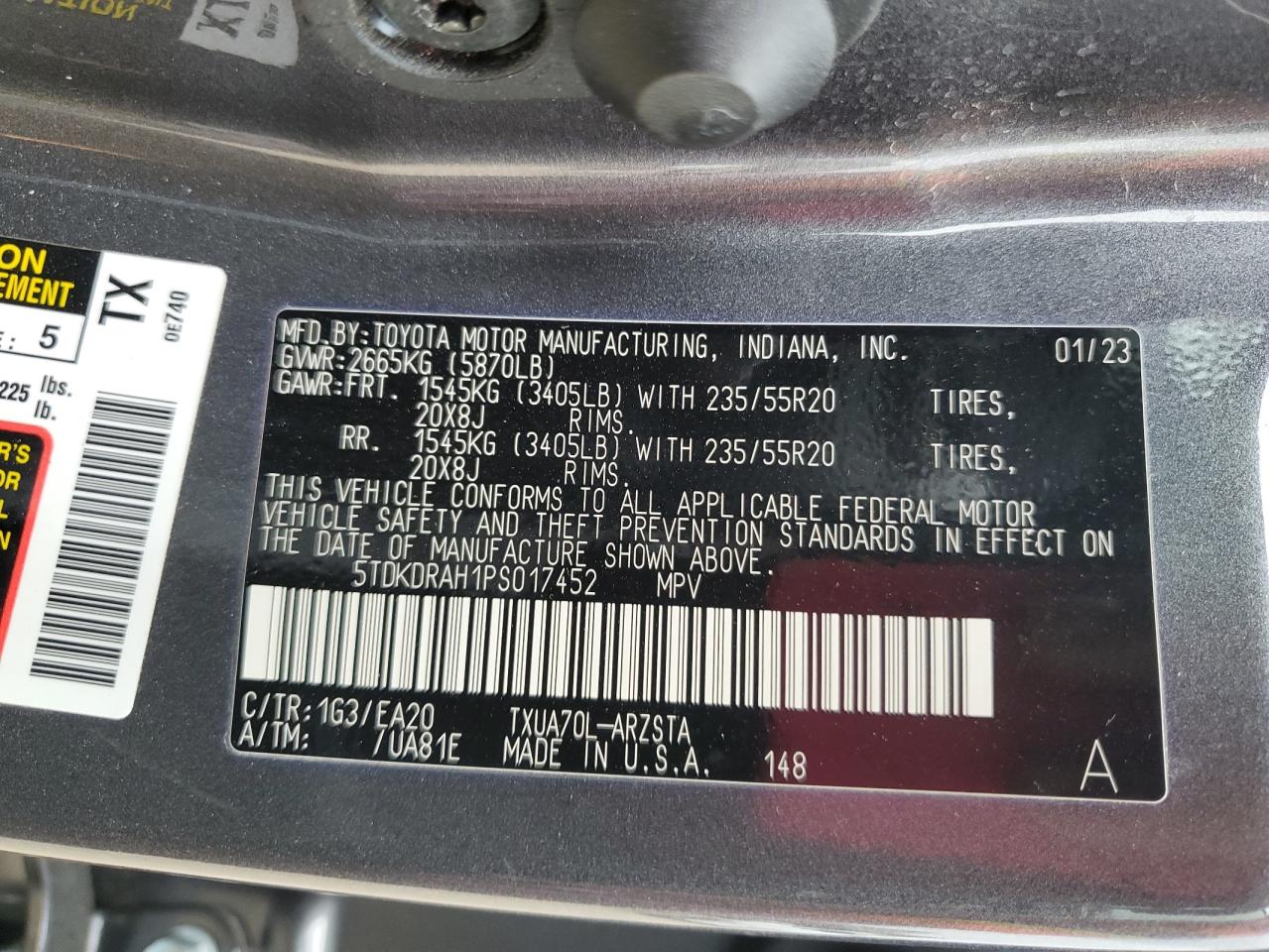 2023 TOYOTA HIGHLANDER L VIN:5TDKDRAH1PS017452