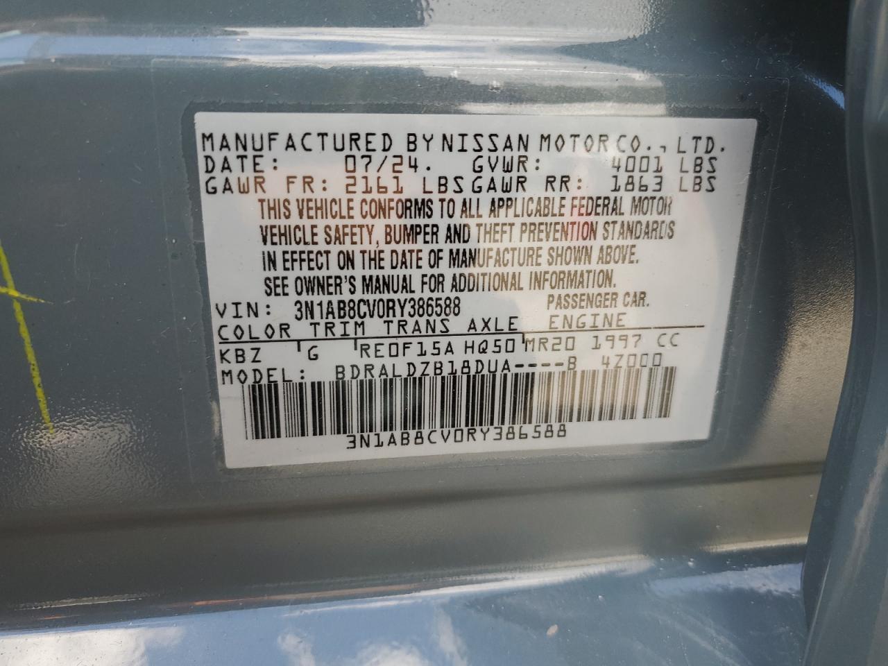 2024 NISSAN SENTRA SV VIN:3N1AB8CV0RY386588