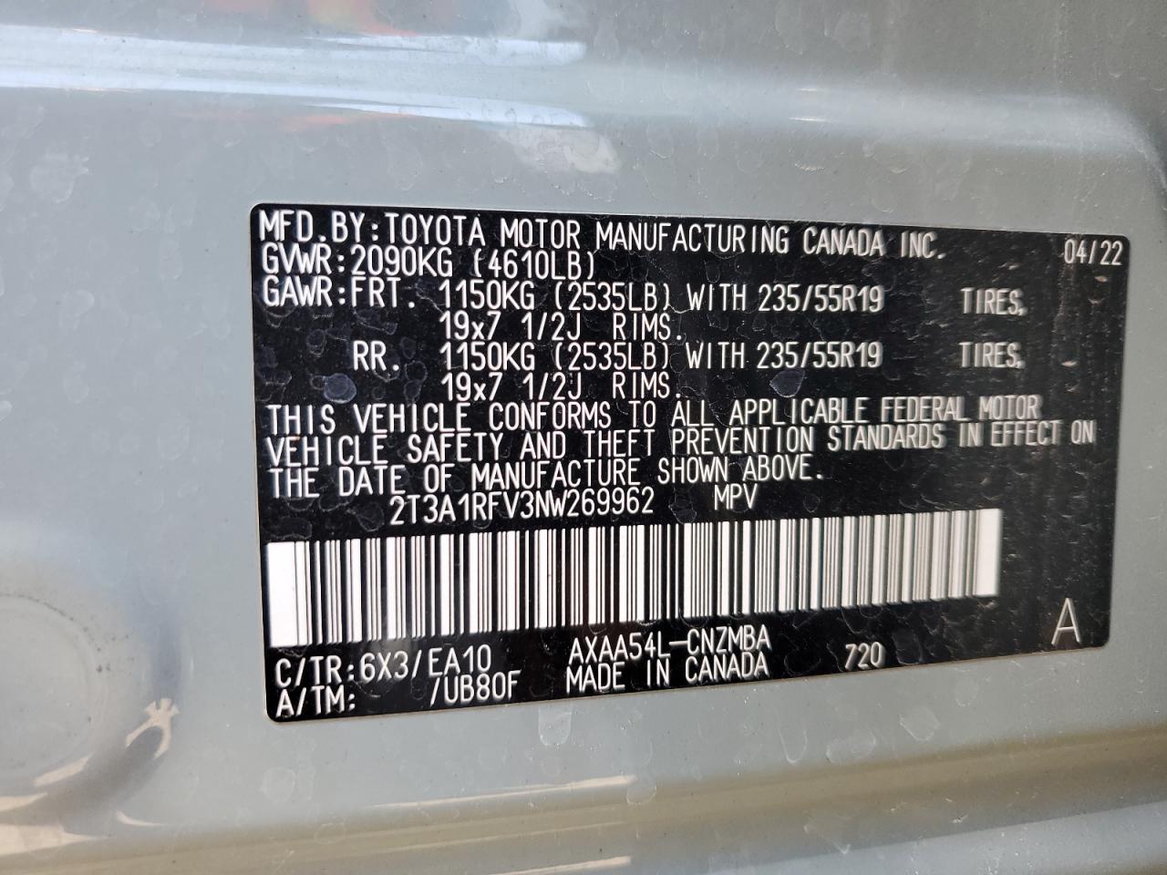 2022 TOYOTA RAV4 XLE PREMIUM VIN:2T3A1RFV3NW269962