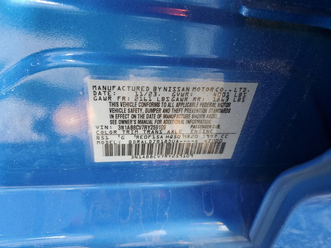 2024 NISSAN SENTRA SV VIN:3N1AB8CV7RY259109