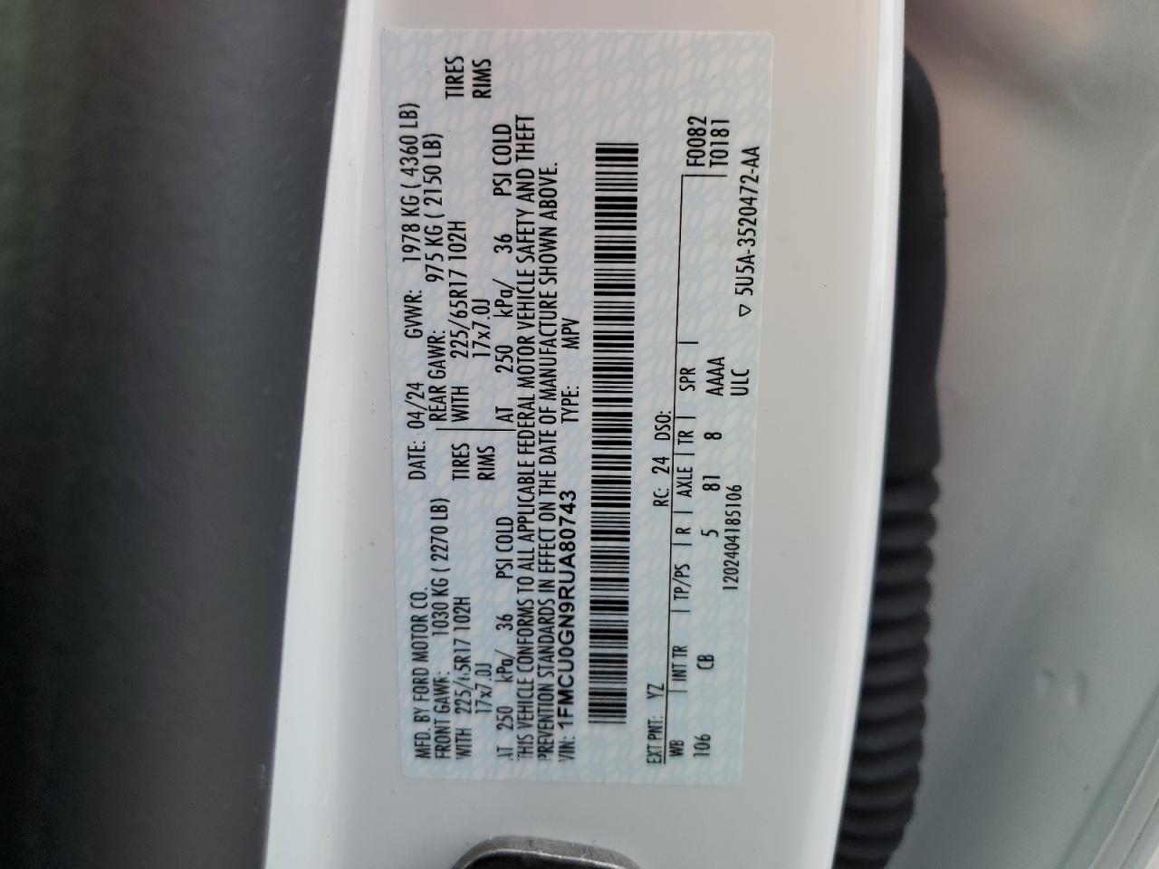 2024 FORD ESCAPE ACTIVE VIN:1FMCU0GN9RUA80743