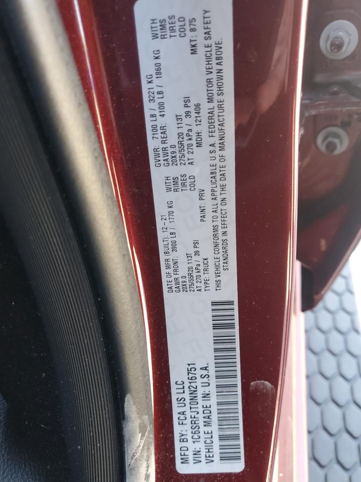 2022 RAM 1500 LARAMIE VIN:1C6SRFJT0NN216751