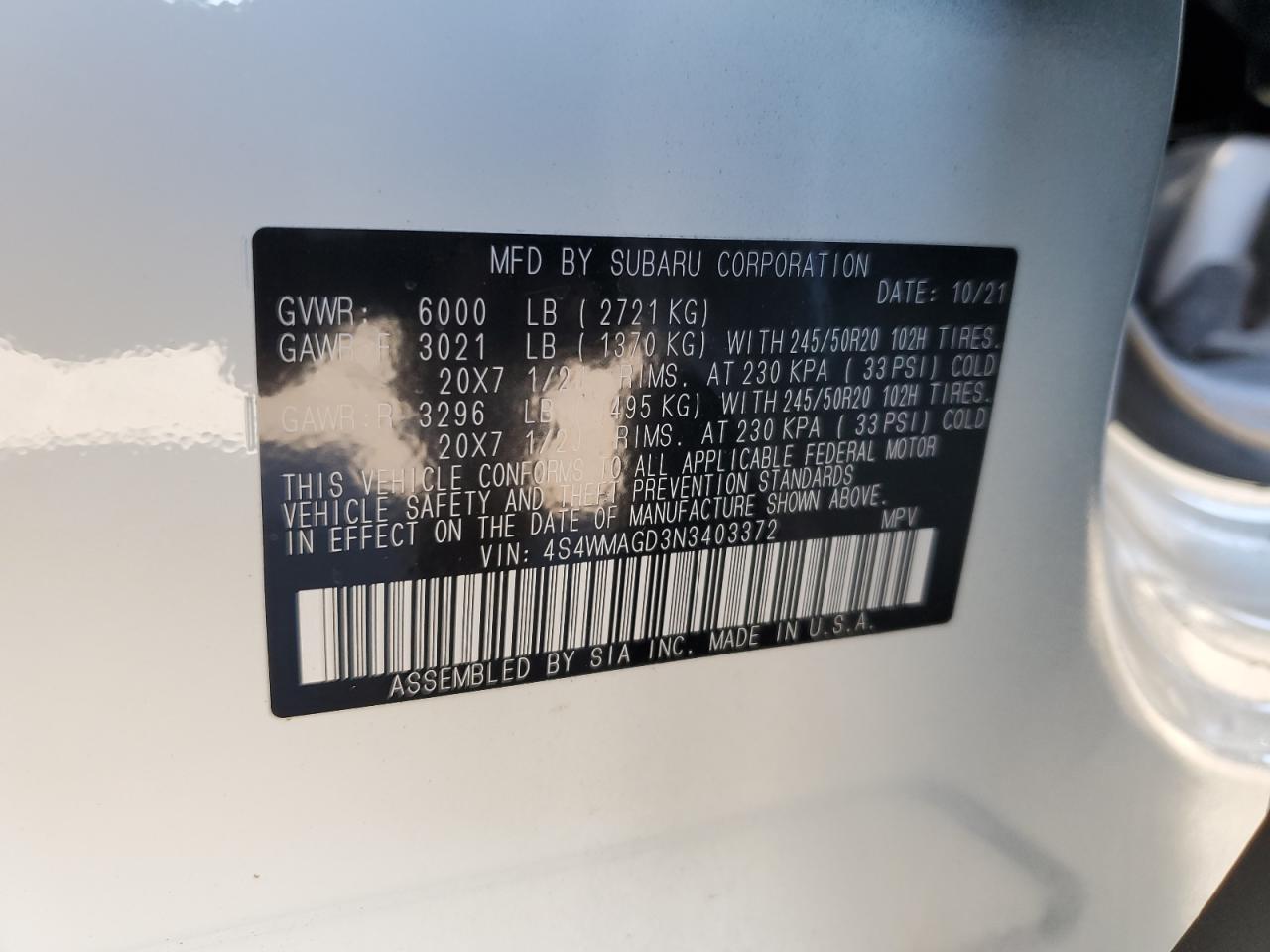 2022 SUBARU ASCENT ONYX EDITION VIN:4S4WMAGD3N3403372