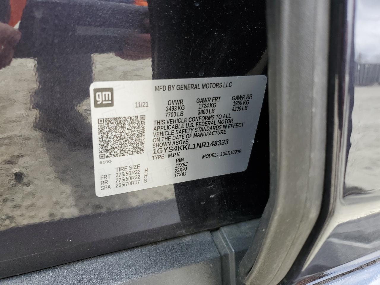 2022 CADILLAC ESCALADE ESV PREMIUM LUXURY VIN:1GYS4KKL1NR148333