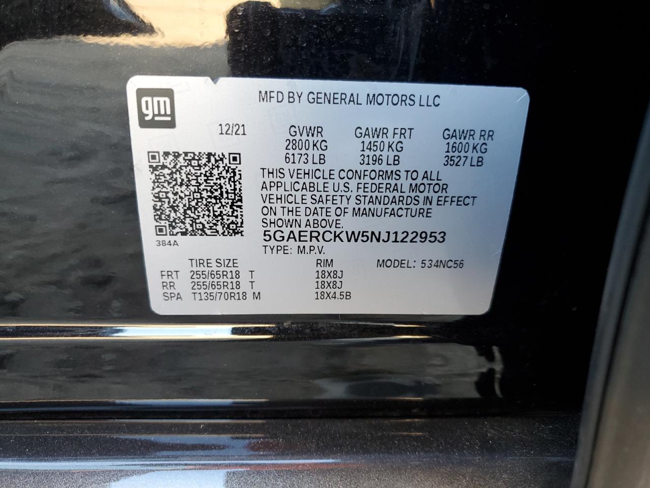 2022 BUICK ENCLAVE PREMIUM VIN:5GAERCKW5NJ122953