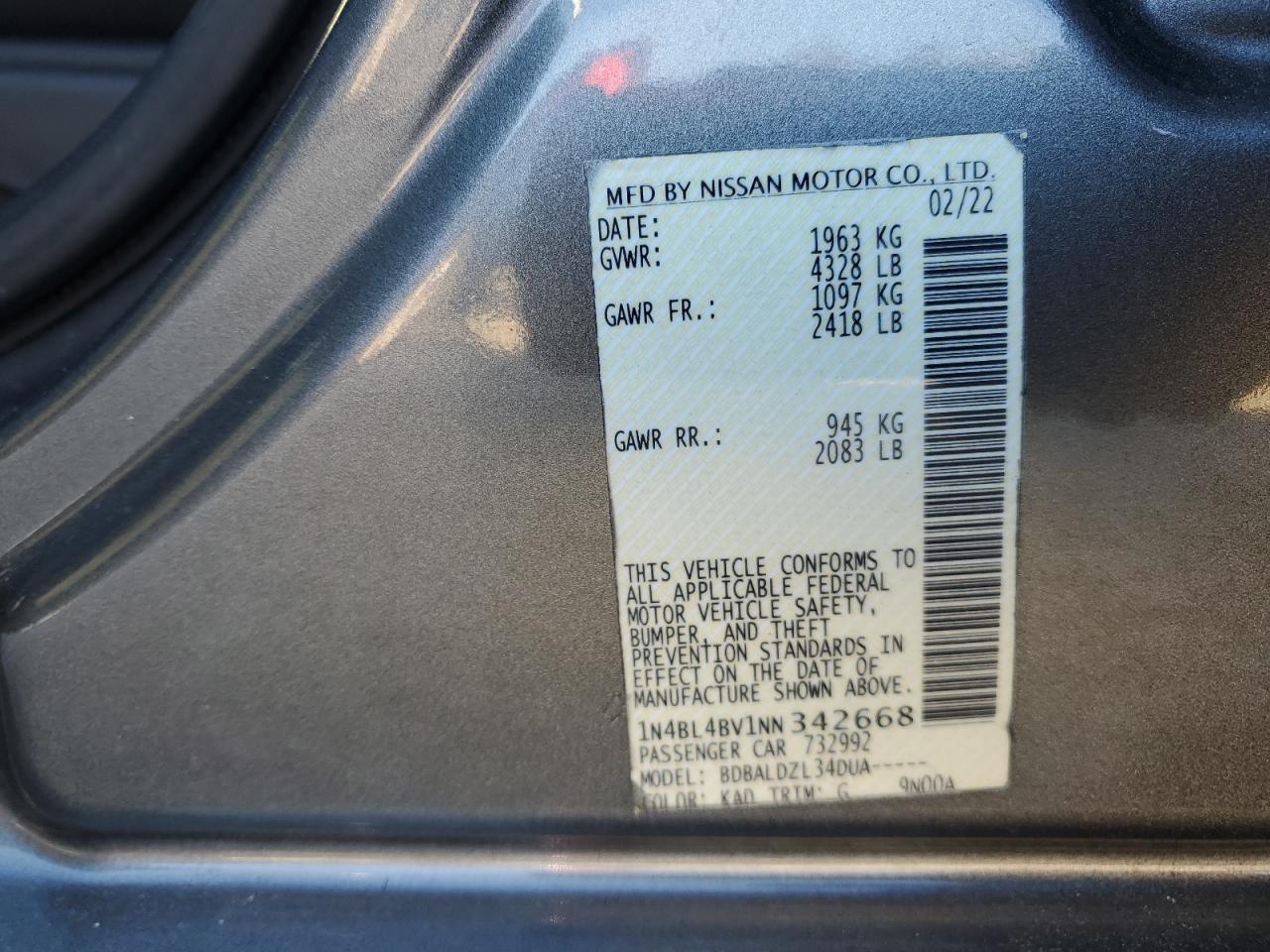 2022 NISSAN ALTIMA S VIN:1N4BL4BV1NN342668