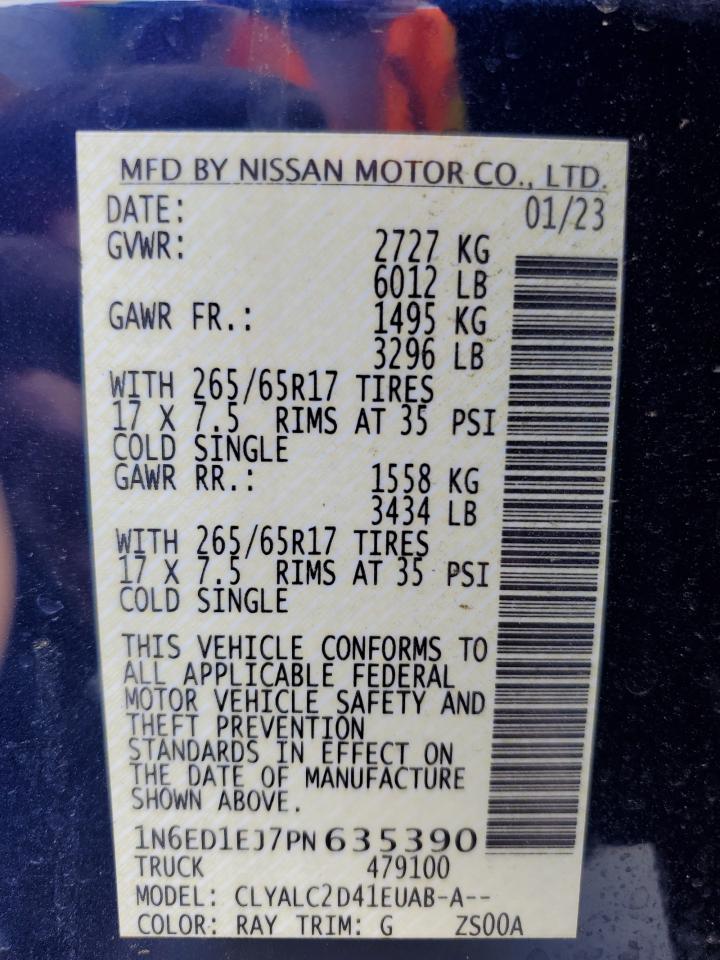 2023 NISSAN FRONTIER S VIN:1N6ED1EJ7PN635390