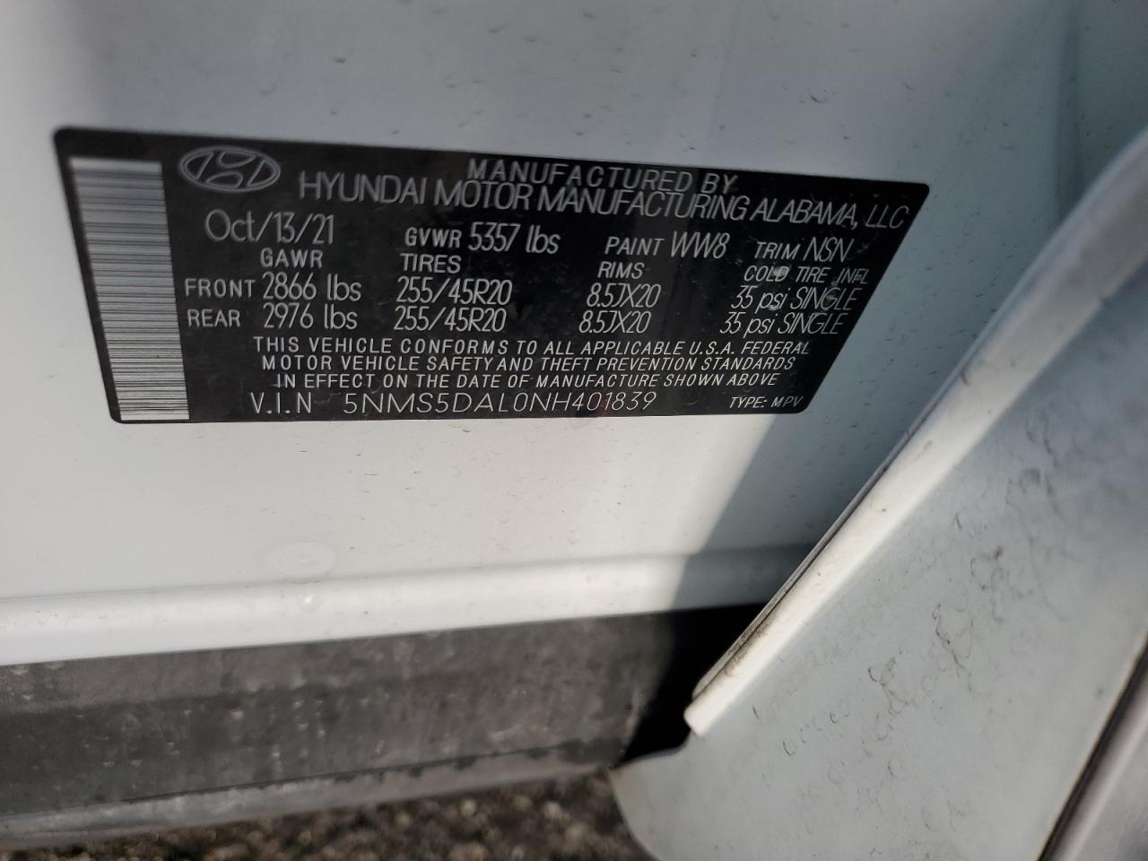 2022 HYUNDAI SANTA FE CALLIGRAPHY VIN:5NMS5DAL0NH401839