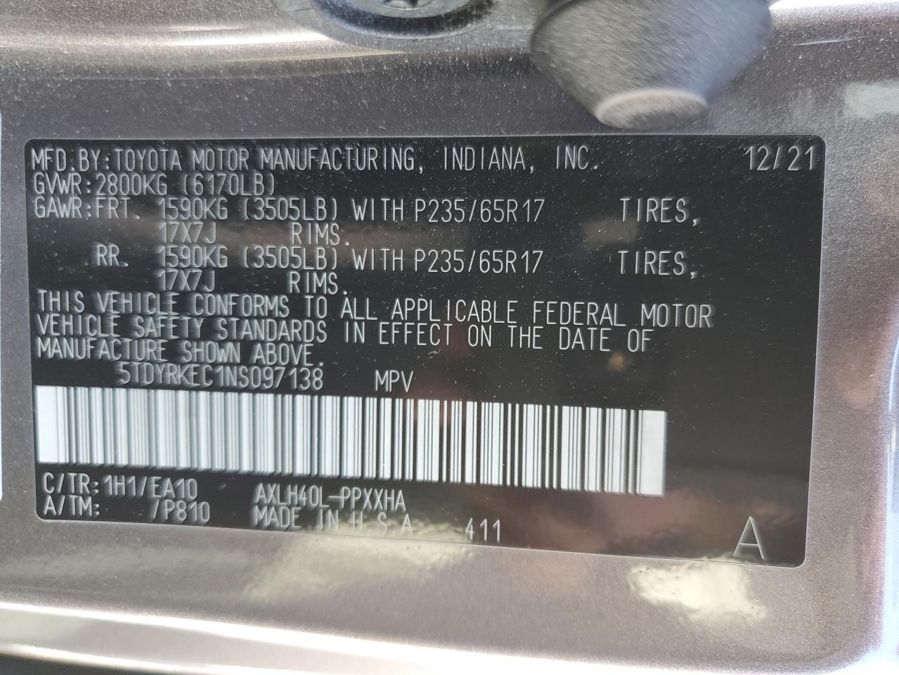 2022 TOYOTA SIENNA XLE VIN:5TDYRKEC1NS097138