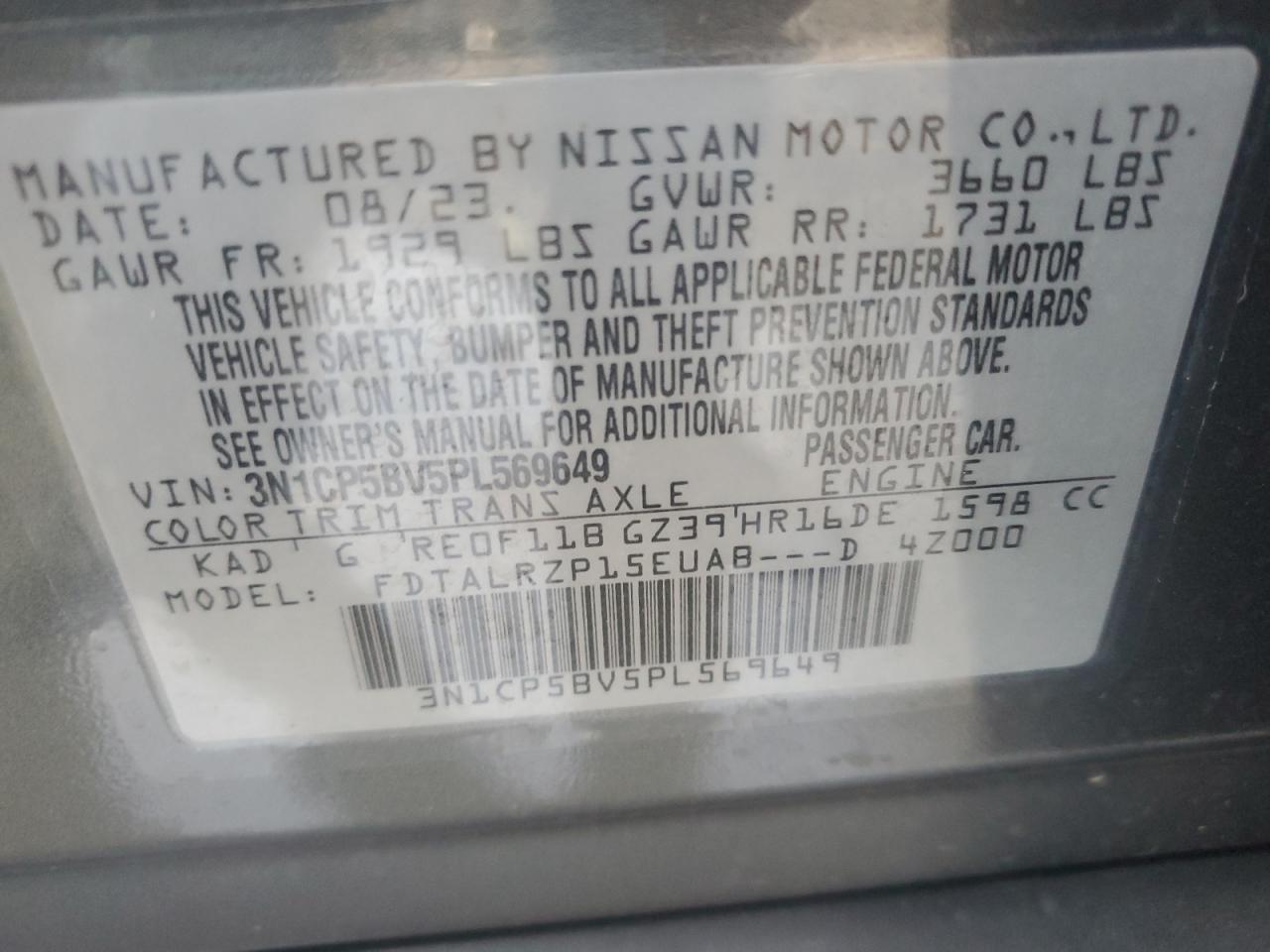 2023 NISSAN KICKS S VIN:3N1CP5BV5PL569649