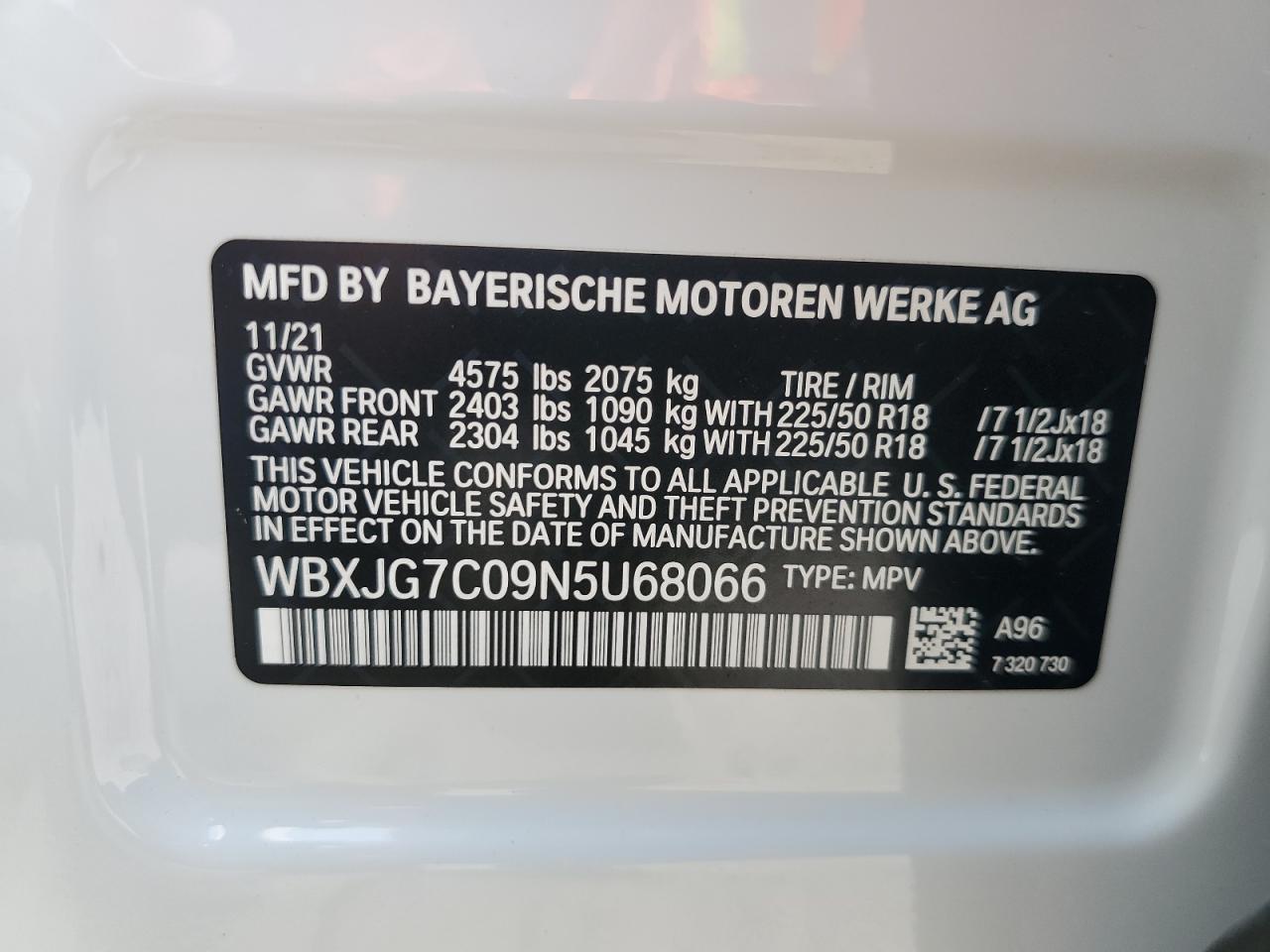 2022 BMW X1 SDRIVE28I VIN:WBXJG7C09N5U68066