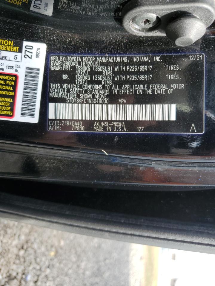 2022 TOYOTA SIENNA XLE VIN:5TDYSKFC1NS049030