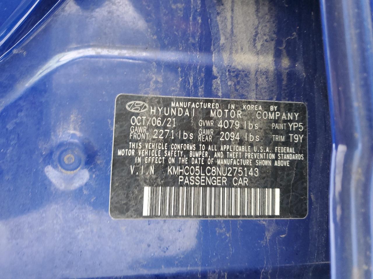 2022 HYUNDAI IONIQ LIMITED VIN:KMHC05LC8NU275143