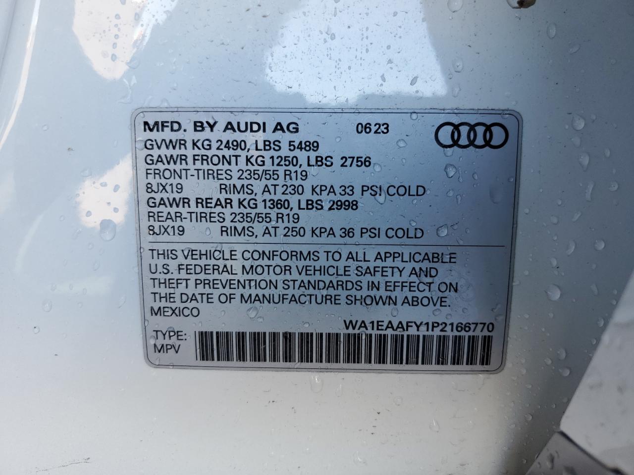 2023 AUDI Q5 PREMIUM PLUS 45 VIN:WA1EAAFY1P2166770