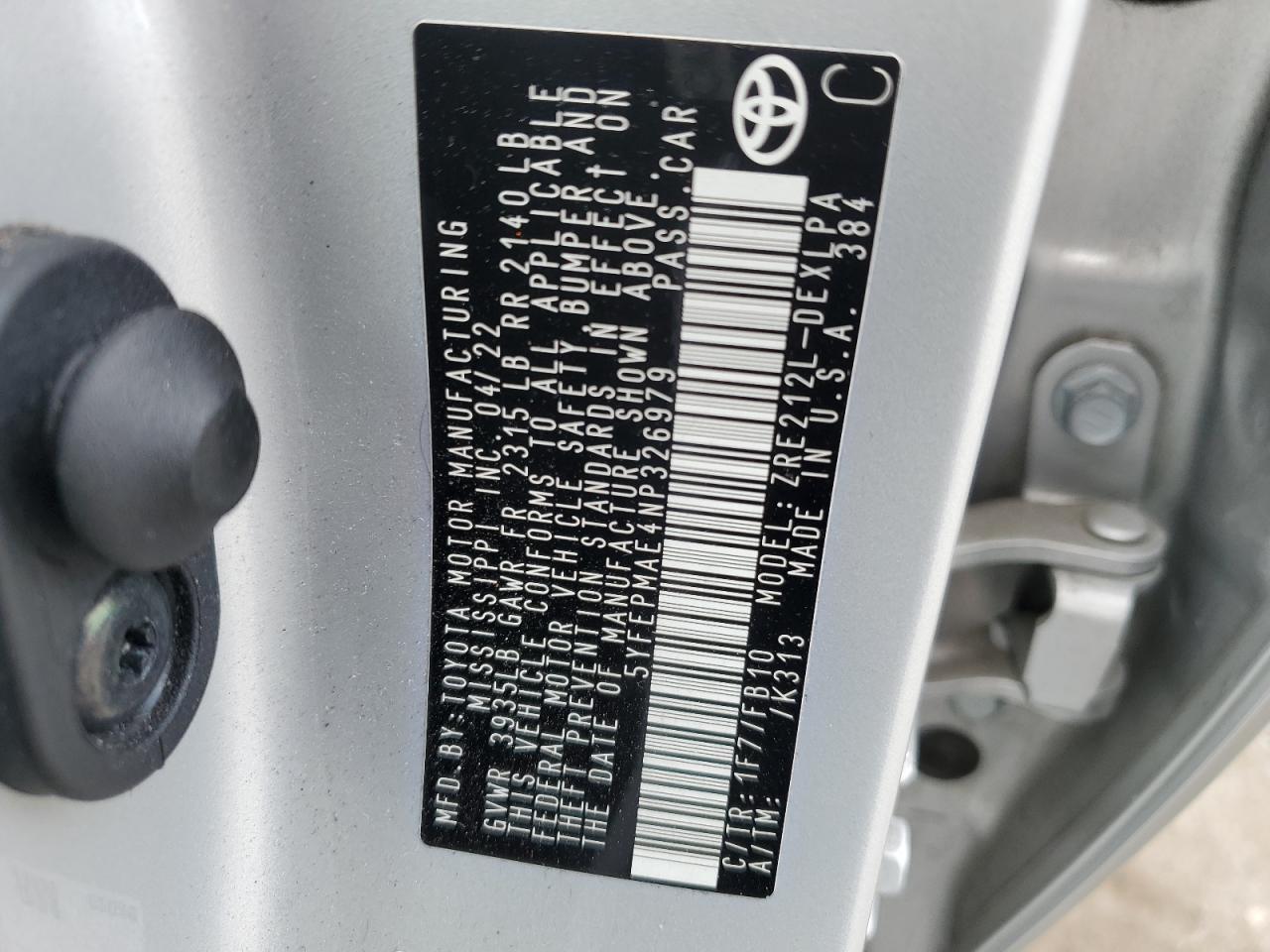 2022 TOYOTA COROLLA LE VIN:5YFEPMAE4NP326979