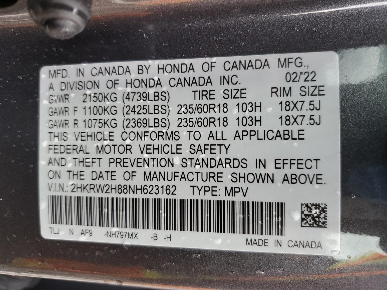 2022 HONDA CR-V EXL VIN:2HKRW2H88NH623162