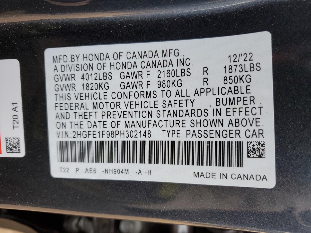 2023 HONDA CIVIC TOURING VIN:2HGFE1F98PH302148