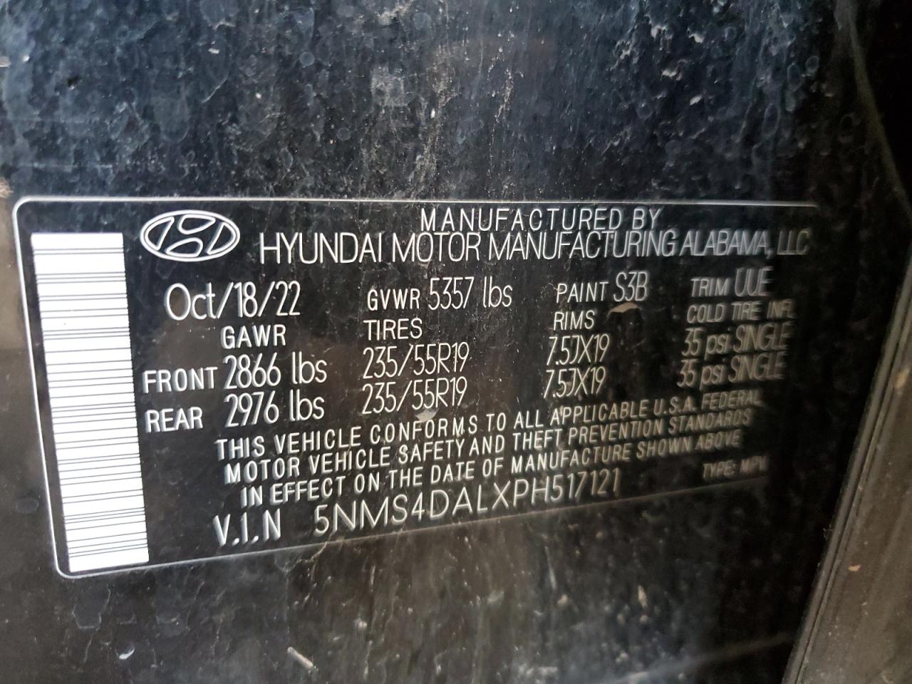 2023 HYUNDAI SANTA FE LIMITED VIN:WP0AA2A8XNS255297