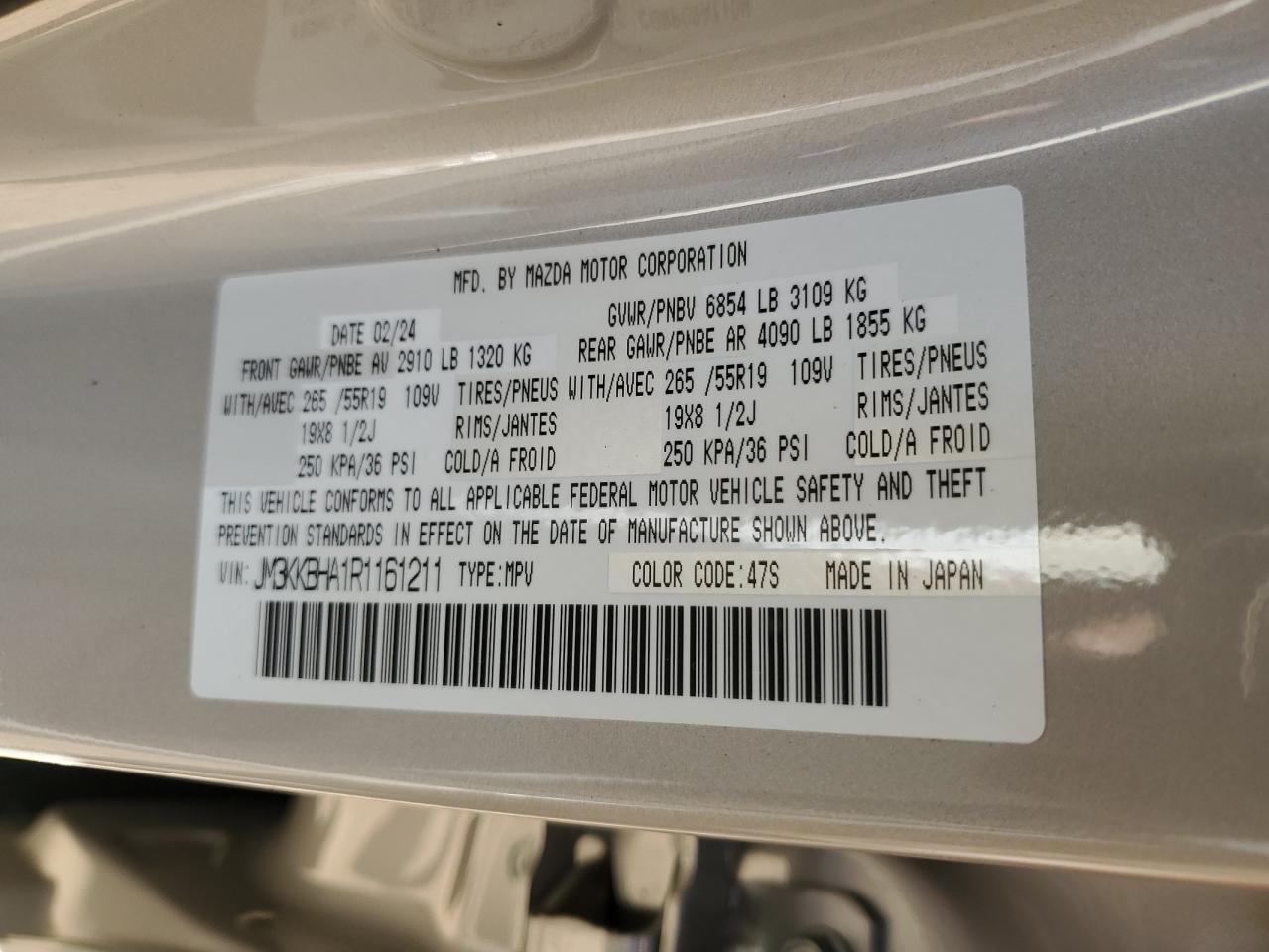 2024 MAZDA CX-90 PREFERRED VIN:JM3KKBHA1R1161211