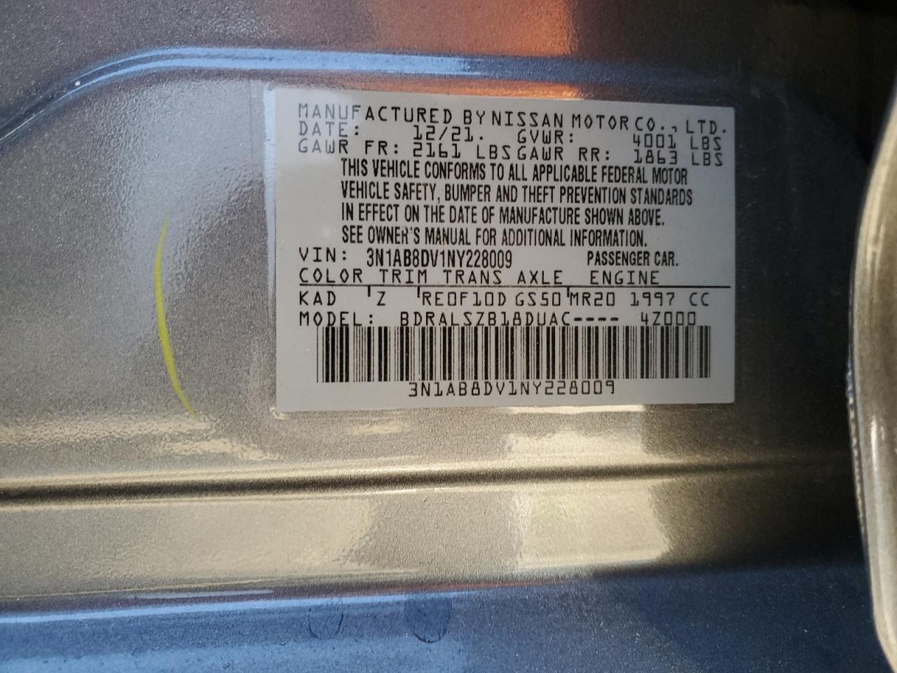 2022 NISSAN SENTRA SR VIN:3N1AB8DV1NY228009