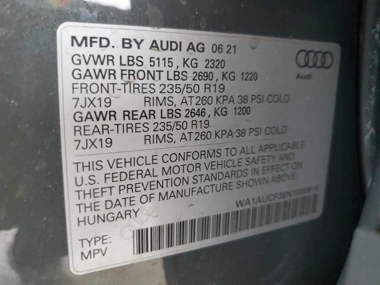 2022 AUDI Q3 PREMIUM 40 VIN:WA1AUCF36N1000916