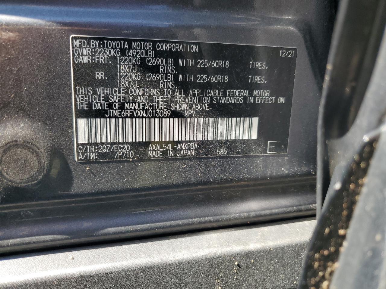 2022 TOYOTA RAV4 XSE VIN:JTME6RFVXNJ013089
