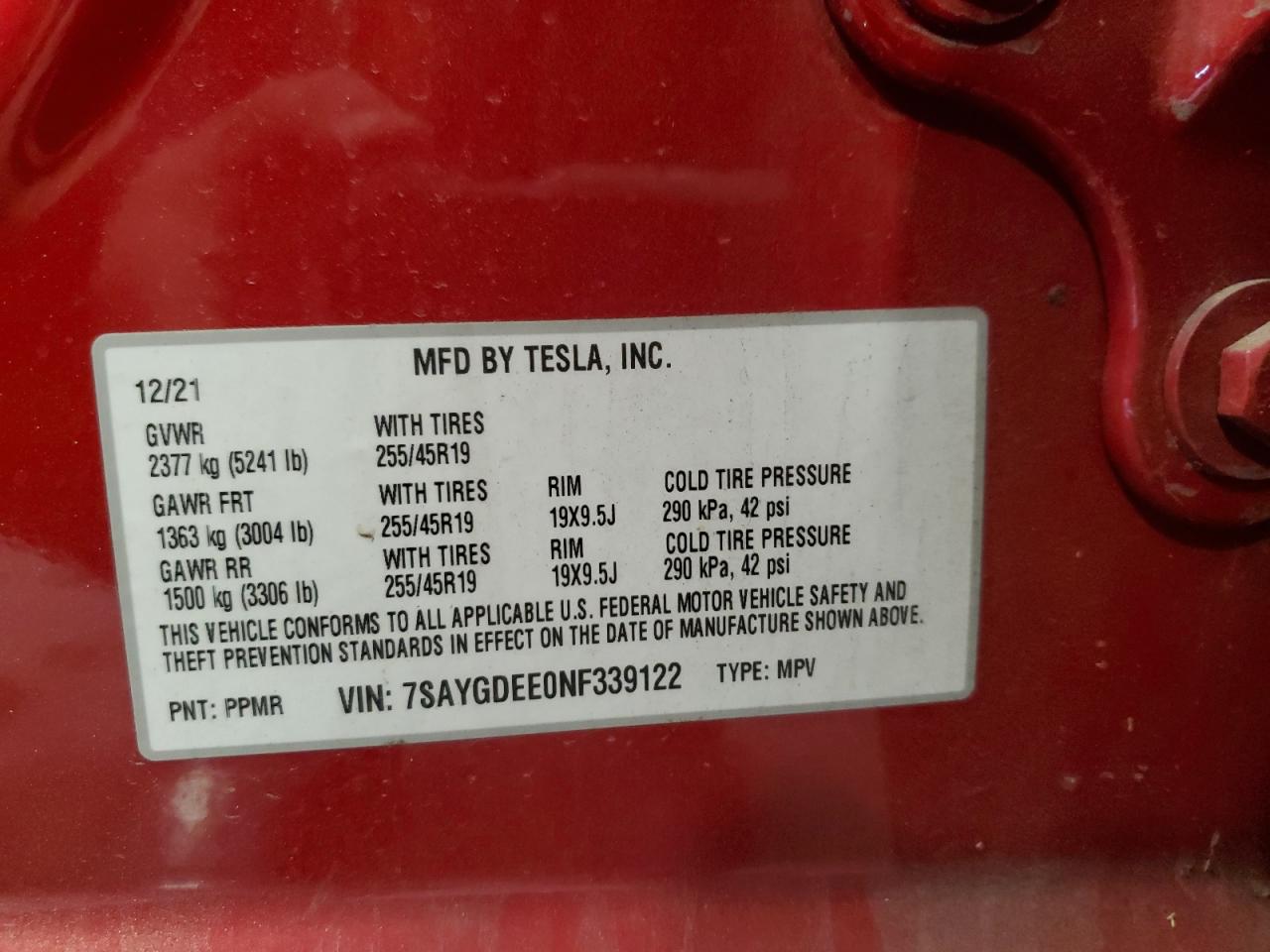 2022 TESLA MODEL Y  VIN:7SAYGDEE0NF339122