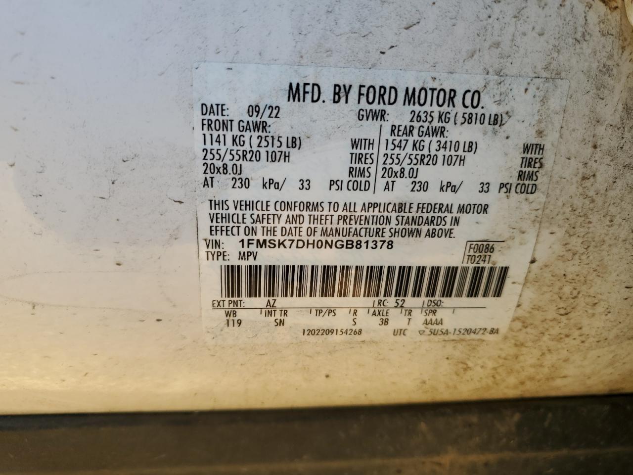 2022 FORD EXPLORER XLT VIN:1FMSK7DH0NGB81378